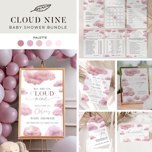 ON CLOUD NINE | Baby Shower Bundle Templates, Blush Pink, Printable Invitation, Cloud Baby Girl Shower, Games, Favor tags, Digital Download