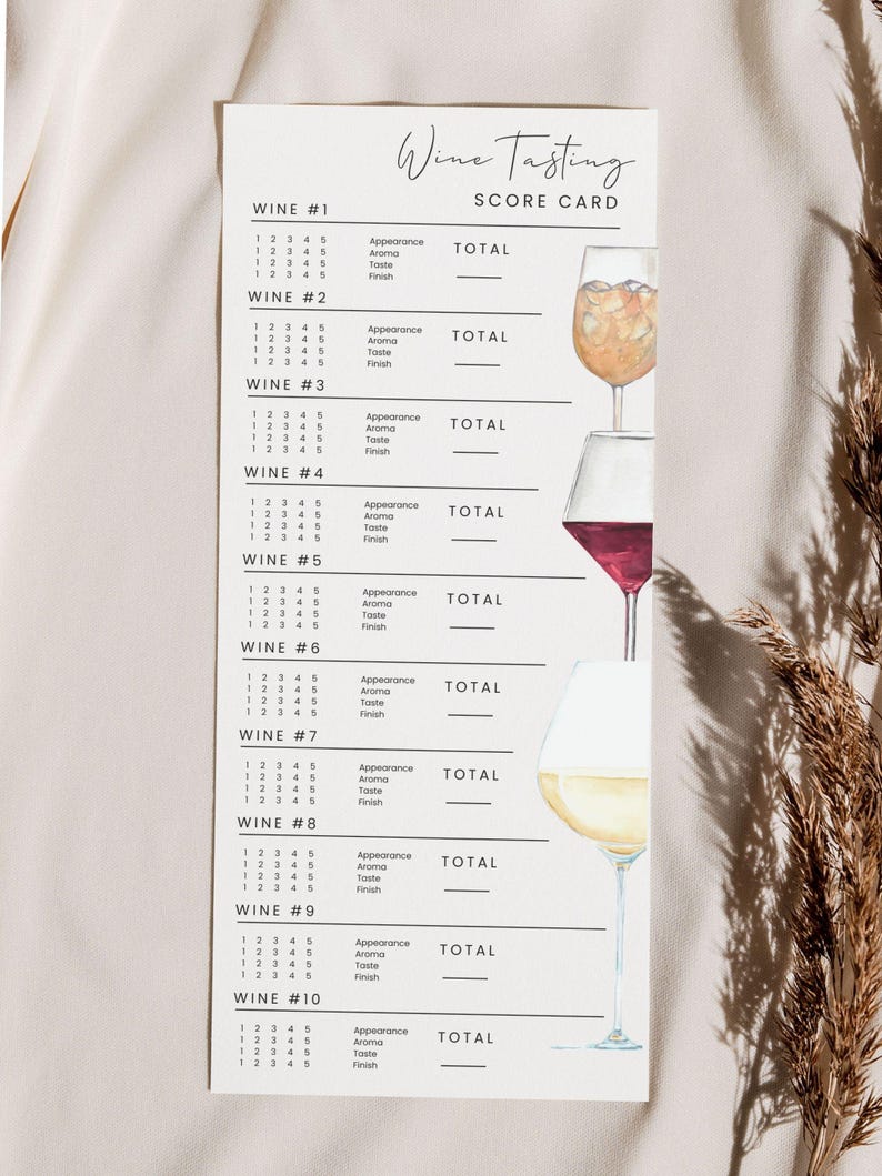May include: A wine tasting score card with the words "Wine Tasting Score Card" at the top. The card has spaces to rate the appearance, aroma, taste, and finish of ten different wines. Watercolor illustrations of wine glasses are on the right.