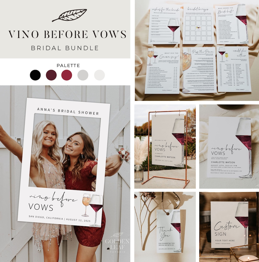 VINO BEFORE VOWS | Bridal Shower Bundle Templates, Printable Invitation ...