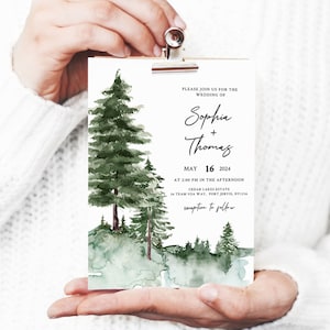 PINE TREE | Wedding Invitation Template With Photo, Printable, Green ...