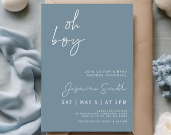 OH BOY | Baby Shower Invitation Template, Printable, Dusty Blue, Baby Boy, Digital Download