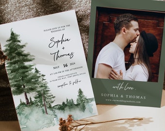 PIJNBOOM | Bruiloft uitnodiging sjabloon met foto, afdrukbaar, groen bos, direct downloaden