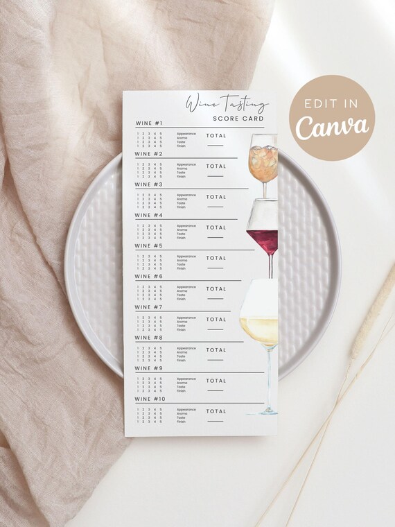 Wine Tasting Card, Wine Tasting Score Card, Wine tasting notes, Canva Printable, Modern Minimalist Score Sheet, Digital Download