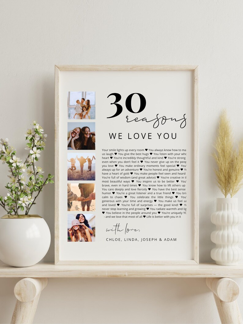 May include: A framed print with the text "30 reasons we love you" and photos. The print includes a list of reasons and the names Chloe, Linda, Joseph & Adam. The frame is light-colored.