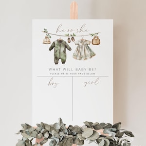 BABY CLOTHES | Gender Guess Board, He or She Sign, Boho Green Beige Gender Reveal Decorations, Printable, Digital Download