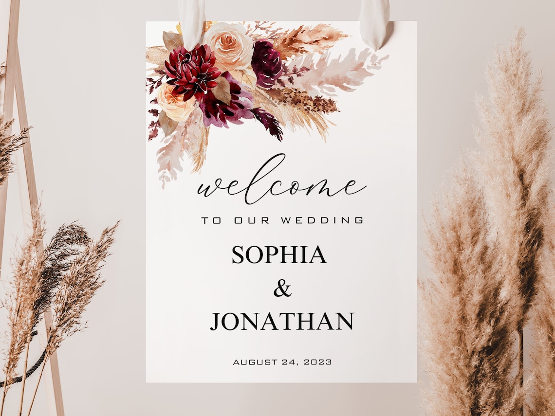 BURGUNDY Wedding Welcome Sign Template Printable Boho image 1