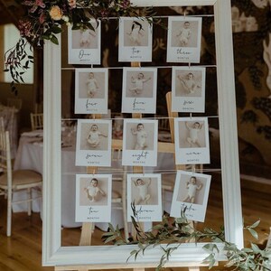 May include: A white picture frame with a white mat on a wooden easel. The frame holds a grid of photos of a baby at different ages, with each photo labeled with the number of months old the baby is. The photos are hung with clothespins and there is greenery around the frame.