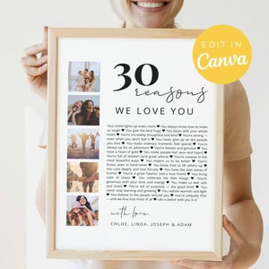 30 POWODÓW, DLA KTÓRYCH CIĘ KOCHAMY – Prezent na 30. urodziny do druku | Nowoczesny, minimalistyczny plakat ze zdjęciami | Edytowalny szablon Canva | Pobieranie cyfrowe