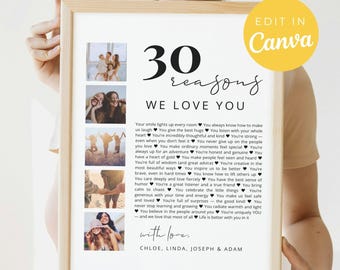 30 RAZONES por las que te amamos - Regalo imprimible para 30 cumpleaños / Póster minimalista moderno con fotos / Plantilla editable de Canva / Descarga digital