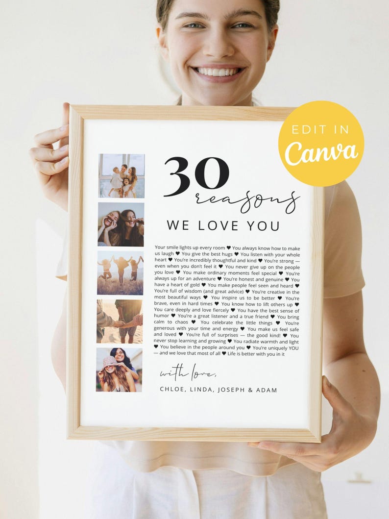 30 REASONS We Love You - Printable 30th Birthday Gift | Modern Minimalist Poster with Photos | Editable Canva Template | Digital Download image 1