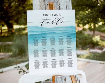 Plantilla de tabla de asientos de PLAYA / boda, plan de asientos de mesa imprimible, cartel de tabla de asientos de boda en el océano, descarga digital