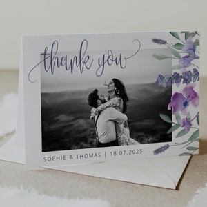 PÚRPURA / Plantilla de tarjeta de agradecimiento con foto, imprimible, tarjetas de notas de lavanda, descarga digital