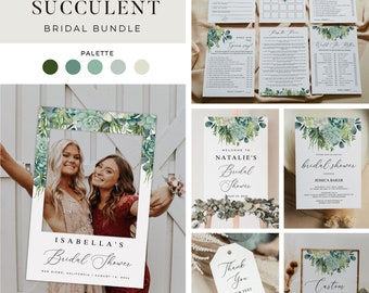 SUCCULENT | Bridal Shower Bundle Templates, Printable Invitation, Photo Booth Sign, Games, Custom Sign, Boho Floral, Digital Download