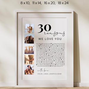 May include: A framed white print with the text "30 reasons we love you" and the names Chloe, Linda, Joseph & Adam. The print includes four small photo collages and size options: 8x10, 11x14, 16x20, and 18x24.