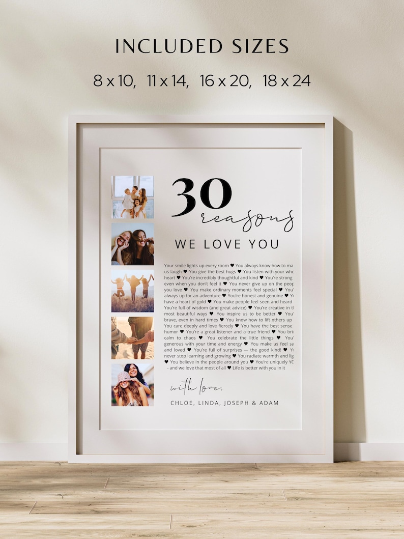 May include: A framed white print with the text "30 reasons we love you" and the names Chloe, Linda, Joseph & Adam. The print includes four small photo collages and size options: 8x10, 11x14, 16x20, and 18x24.