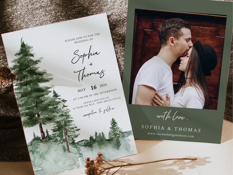 PINE TREE Wedding Invitation Set Printable Template Green - Etsy