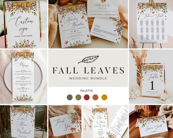 FALL LEAVES | Wedding Template Bundle, Printable, Complete Rustic Autumn Invitation and Décor Set, Instant Download