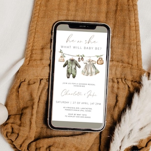 BABY CLOTHES | Gender Reveal Evite Template, Green & Beige Boho Invitation, Gender Neutral, Instant Download