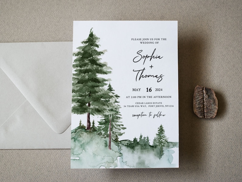 PINE TREE Wedding Invitation Template With Photo Printable - Etsy