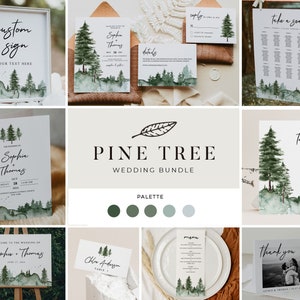 PINE TREE | Wedding Template Bundle, Printable, Complete Green Forest Invitation and Décor Set, Instant Download