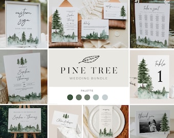 Puede incluir: Un conjunto de invitaciones de boda con un diseño de pino acuarela. El conjunto incluye una tarjeta de guardar la fecha, una invitación, una tarjeta RSVP, una tarjeta de detalles, una tarjeta de número de mesa, un cartel de bienvenida, un menú y una tarjeta de agradecimiento. La paleta de colores es verde, gris y blanco.