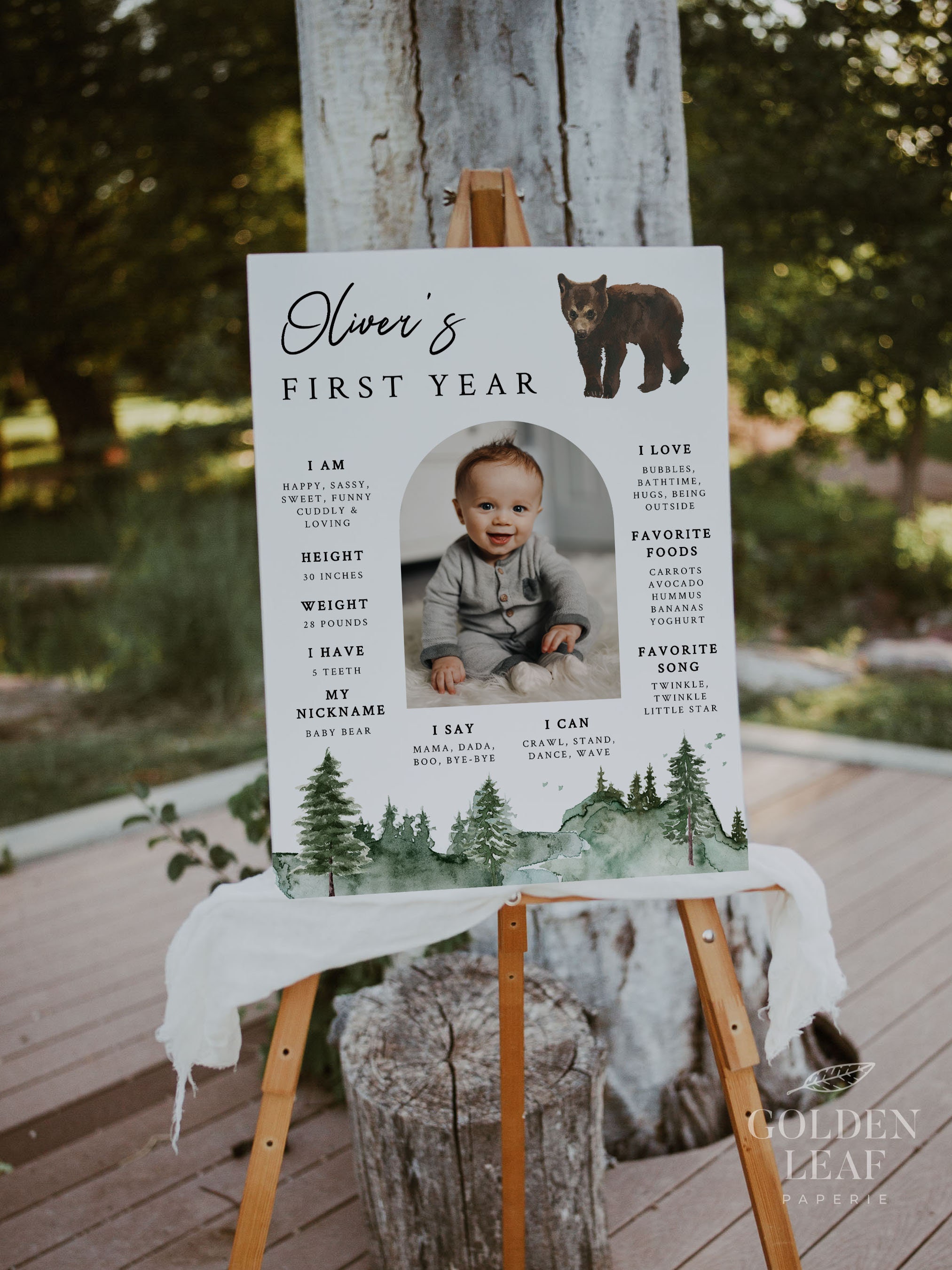 PINE TREE | First Birthday Milestone Poster Bear, Photo Milestone Sign ...