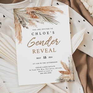 PAMPAS GRASS / Plantilla de invitación de revelación de género, invitación boho, descarga instantánea