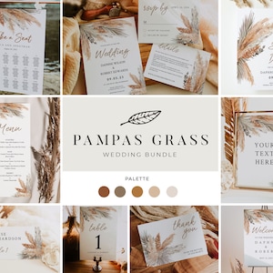 PAMPAS GRASS | Wedding Template Suite, Printable, Boho Rustic, Complete Invitation and Décor Set, Instant Download