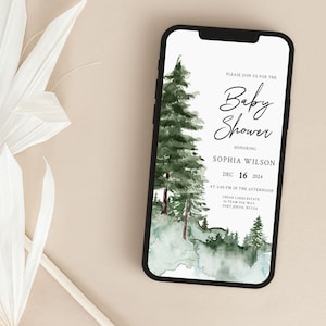 PINE TREE | Baby Shower Evite Template, Winter Electronic Invitation, Green Forest, Instant Download