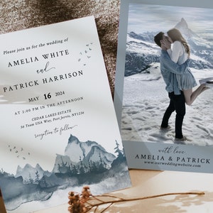 MOUNTAIN | Wedding Invitation Template With Photo, Printable, Blue Watercolor, Instant Download