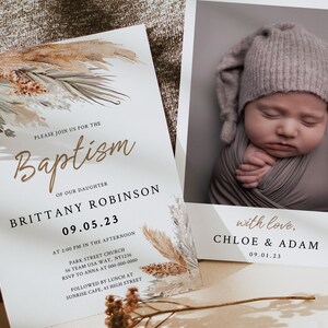 GRAMA DOS PAMPAS | Convite de batismo com foto, modelo para impressão, convite Boho, download instantâneo