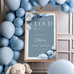 AUF WOLKE NEUN | Babyparty Willkommen Schild Vorlage, Dusty Blau, Wir sind auf Wolke 9, moderne Dusche, Baby Junge, digitaler Download
