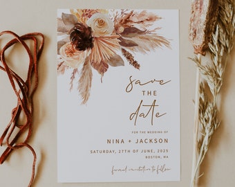 May include: Save the date wedding invitation featuring a watercolour floral design in shades of brown, beige and cream. The text reads "Save the Date" for the wedding of Nina + Jackson on Saturday, 27th June, 2025 in Boston, MA. Formal invitation to follow.