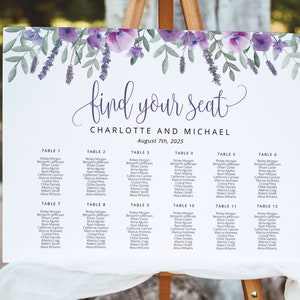 Puede incluir: Un plano de asientos de boda blanco con un borde floral morado. El plano enumera los nombres de los invitados asignados a cada mesa. El texto en la parte superior dice "find your seat" y "CHARLOTTE AND MICHAEL" con la fecha "August 7th, 2025".