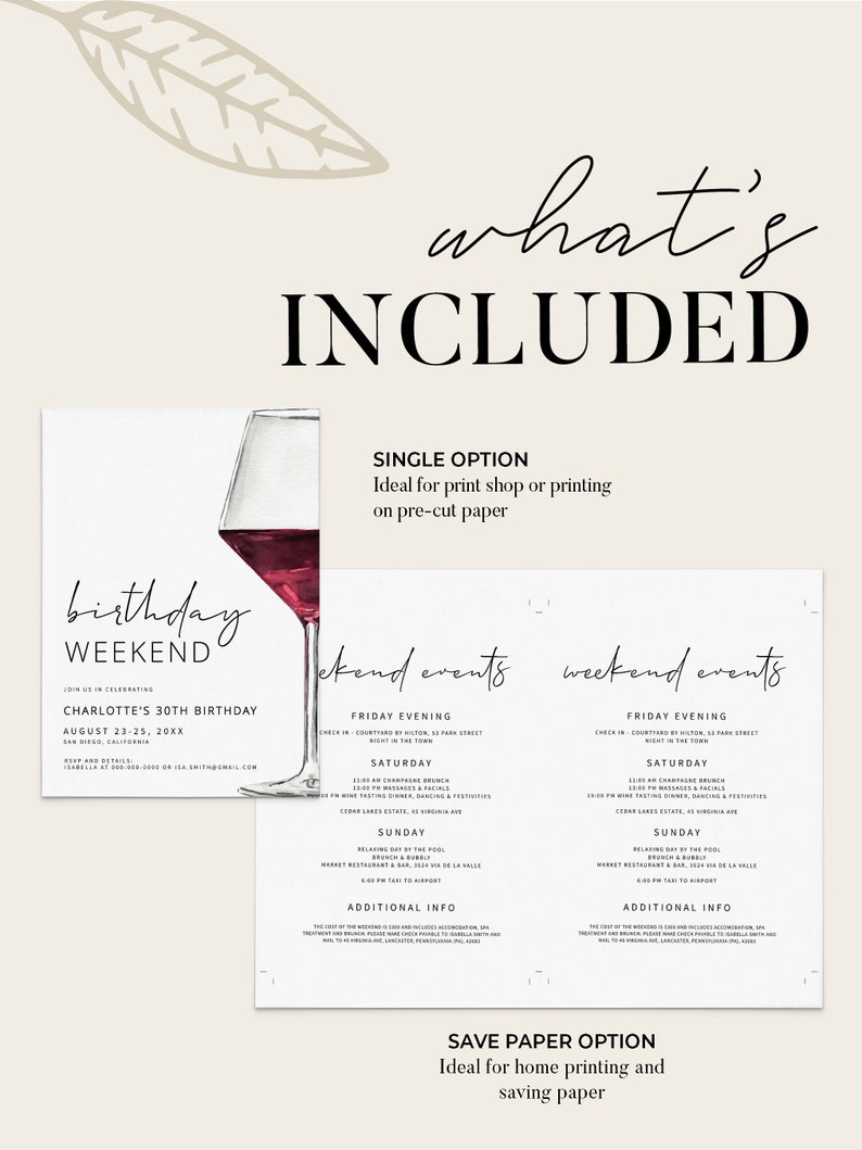 WINE | Birthday Weekend Itinerary and Invitation, Printable Invite, for ...