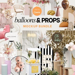 Puede incluir: Un paquete de maquetas con varios accesorios y globos. La imagen incluye una silla rosa, un puesto de limonada, un pastel y globos. El texto en la imagen dice "balloons & PROPS MOCKUP BUNDLE", "WELCOME", "Oh baby" y "EDIT IN Canva".
