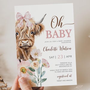 VACHE HIGHLAND | Modèle d'Invitation pour baby shower, thème western, fille de la campagne, rose, téléchargement numérique