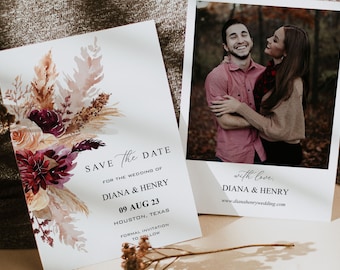 BURGUNDY | Save the Date With Photo, Template, Printable Card, Boho Invite, Instant Download