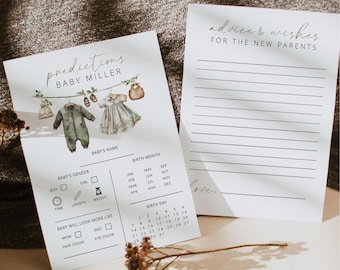 Puede incluir: Una tarjeta de juego de baby shower imprimible con una ilustración de acuarela de un atuendo de bebé. La tarjeta tiene una sección para que los invitados predigan el nombre del bebé, el sexo, el mes de nacimiento, el día de nacimiento y si se parecerá más a la madre o al padre. La tarjeta también incluye el texto "predicciones bebé miller" y "consejos y deseos para los nuevos padres".