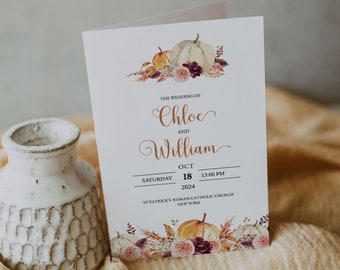 PUMPKIN | Wedding Program Booklet, Folded, Printable Template, Fall Themed, INSTANT DOWNLOAD