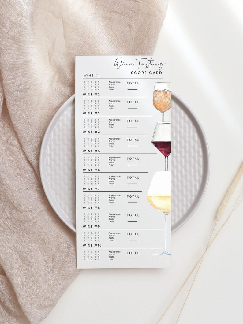 Wine Tasting Card, Wine Tasting Score Card, Wine tasting notes, Canva Printable, Modern Minimalist Score Sheet, Digital Download image 1