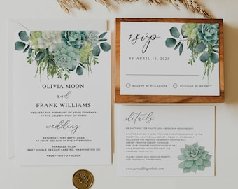 SUCCULENT | Wedding Invitation Set Template, Printable Boho Greenery Invitation Suite, Digital Download