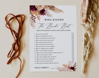 BURGUNDY | Who Knows the Bride Best, Editable Game, Bridal Shower Printable, Digital Download