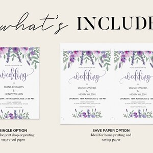 Puede incluir: Dos dise&ntilde;os de invitaci&oacute;n de boda con un borde floral. El dise&ntilde;o superior es una sola tarjeta con un borde floral lavanda y morado. El dise&ntilde;o inferior es una tarjeta de guardar la fecha con dos tarjetas una al lado de la otra. El texto en las tarjetas dice "Por favor, &uacute;nase a nosotros para la boda de Diana Edwards & Henry Wilson, s&aacute;bado 16 de agosto de 2025, 1:00 PM, Cedar Lakes Estate, 34 Team USA Port Jervis, NY 12784, Recepci&oacute;n a continuaci&oacute;n."