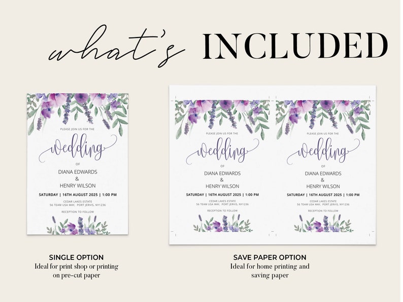 Puede incluir: Dos dise&ntilde;os de invitaci&oacute;n de boda con un borde floral. El dise&ntilde;o superior es una sola tarjeta con un borde floral lavanda y morado. El dise&ntilde;o inferior es una tarjeta de guardar la fecha con dos tarjetas una al lado de la otra. El texto en las tarjetas dice "Por favor, &uacute;nase a nosotros para la boda de Diana Edwards & Henry Wilson, s&aacute;bado 16 de agosto de 2025, 1:00 PM, Cedar Lakes Estate, 34 Team USA Port Jervis, NY 12784, Recepci&oacute;n a continuaci&oacute;n."