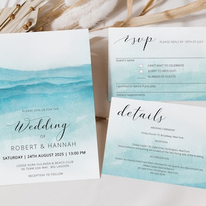 BEACH | Wedding Invitation Template Set, Printable, Blue Water, Digital Download