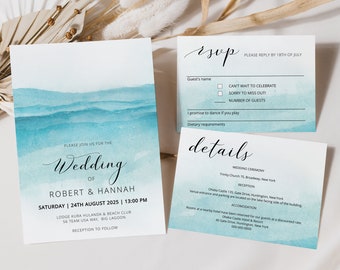 BEACH | Wedding Invitation Template Set, Printable, Blue Water, Digital Download