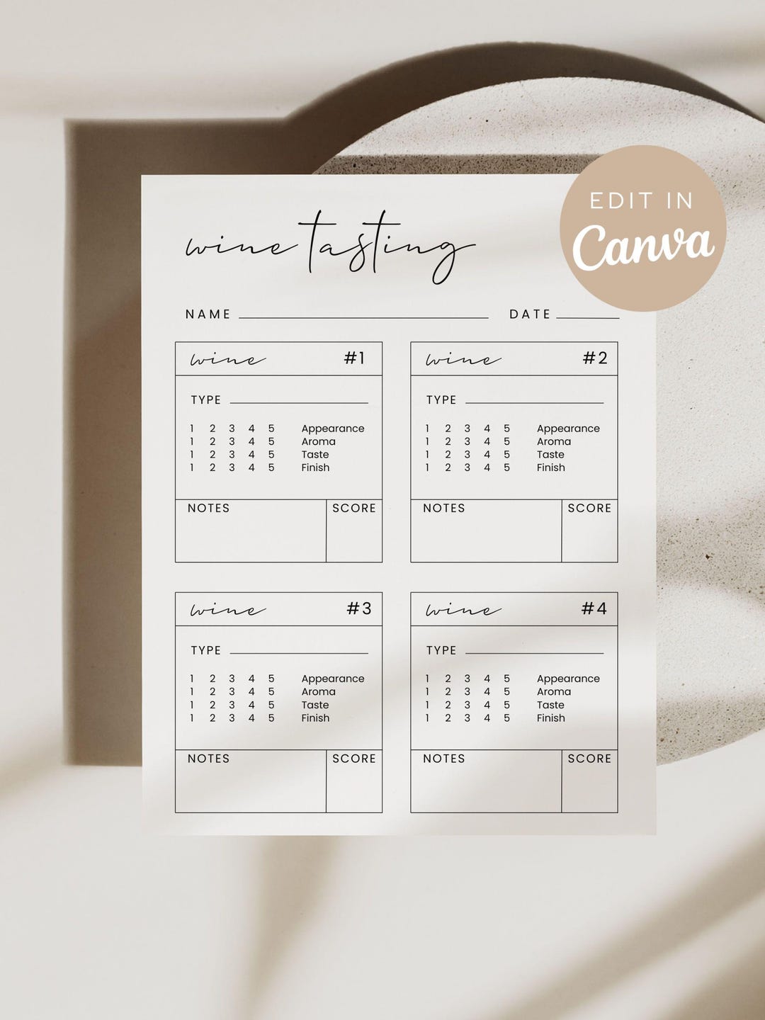 Wine Tasting Card, Wine Tasting Score Card, Wine Tasting Notes ...