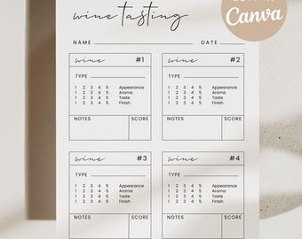 Wine Tasting Card, Wine Tasting Score Card, Wine Tasting Notes, Printable, Canva Template, Modern Minimalist Score Sheet, Digital Download