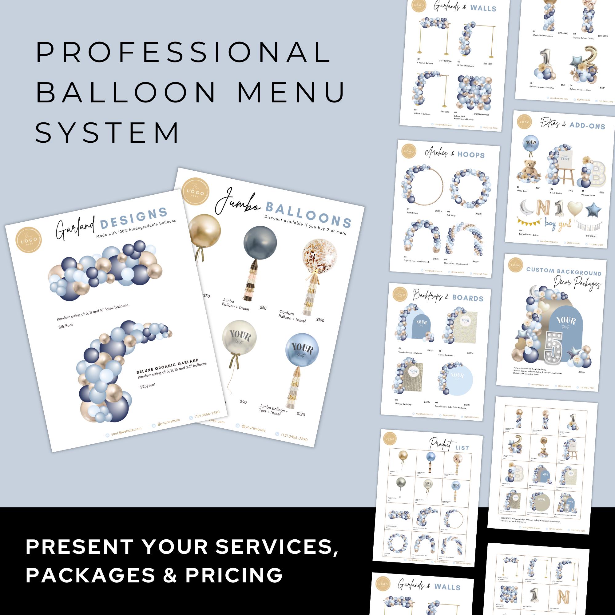 Balloon Menu Template | Light Blue and Gold Pricing List Canva (digital ...